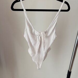 Tiger Mist Cream Ribbed Tie-Front One-Piece